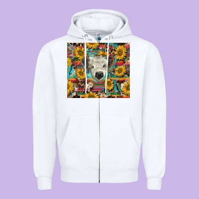 White Scottish Calf And Sunflowers Zipper Hoodie Designed By Barkaloodesign