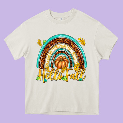 Hello Fall With Rainbow Heavy Core Tee Designed By Texasbilliewilder