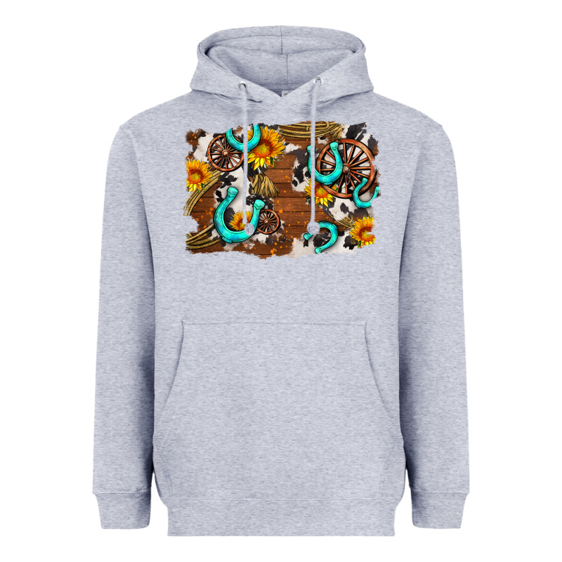 Western Cowhide Horseshoe Sunflower Background Heavyweight Hoodie by AdoDesignShop | Teevron