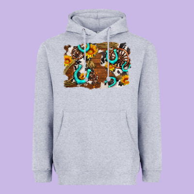 Western Cowhide Horseshoe Sunflower Background Heavyweight Hoodie Designed By Adodesignshop