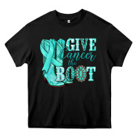 Black Give Cancer the boot Ovarian Cancer teal ribbon Heavy Core Tee - NancyCooperArtShop
