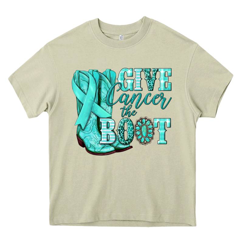 Give Cancer The Boot Ovarian Cancer Teal Ribbon Heavy Core Tee by NancyCooperArtShop | Teevron