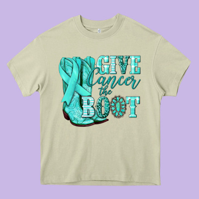 Give Cancer The Boot Ovarian Cancer Teal Ribbon Heavy Core Tee Designed By Nancycooperartshop