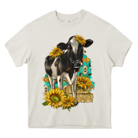 Cream Sunflowers Cow Heavy Core Tee - texasbilliewilder