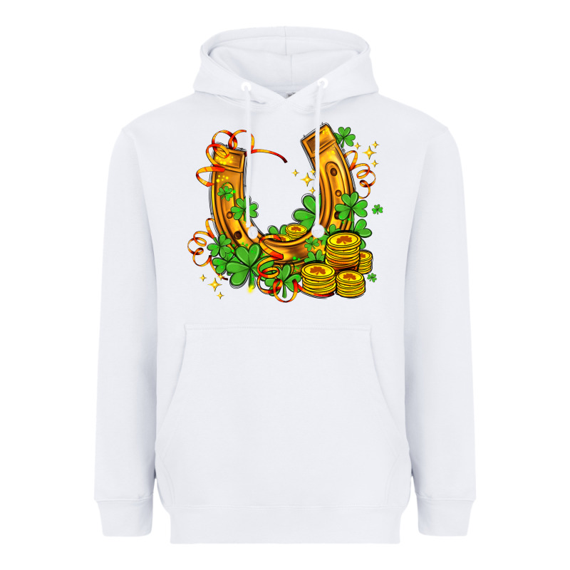 Horseshoe With Shamrocks And Coin Heavyweight Hoodie by AdoDesignShop | Teevron