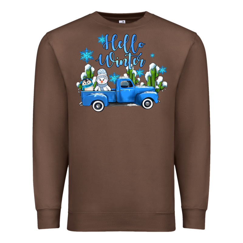 Hello Winter With Sniwman And  Truck Premium Sweatshirt by AdoDesignShop | Teevron