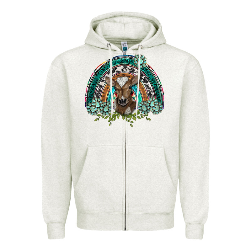 Turquoise Gemstones Brown Baby Cow  Rainbow Zipper Hoodie by BarkalooDesign | Teevron