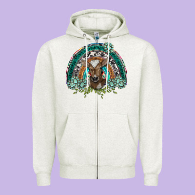 Turquoise Gemstones Brown Baby Cow  Rainbow Zipper Hoodie Designed By Barkaloodesign