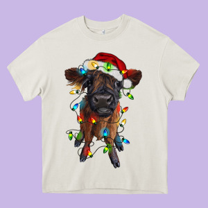 Highland Cow Calf With Christmas Lights Heavy Core Tee Designed By Ranaportraitstore