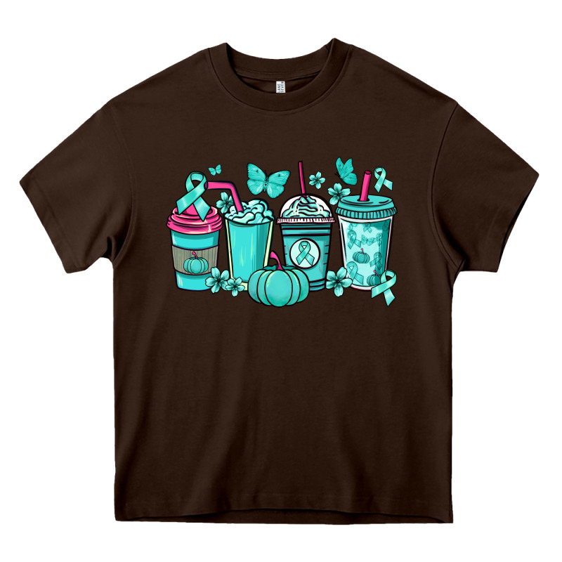 Ovarian Cancer Coffee Cups Teal Ribbon Heavy Core Tee by NancyCooperArtShop | Teevron