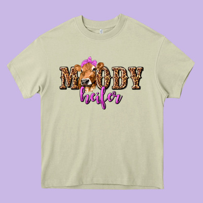 Moody Heifer With Leopard Heavy Core Tee Designed By Texasbilliewilder