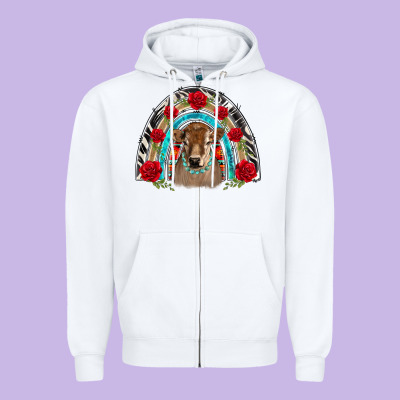 Brown Baby Cow Floral Rose Rainbow Zipper Hoodie Designed By Barkaloodesign
