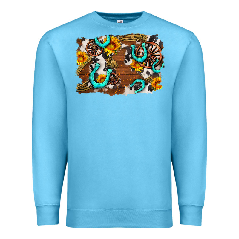 Western Cowhide Horseshoe Sunflower Background Premium Sweatshirt by AdoDesignShop | Teevron