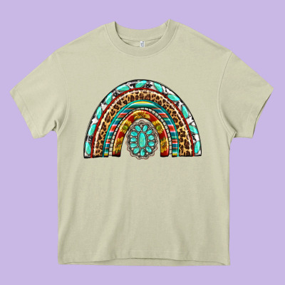 Western Rainbow With Leopard And Gemstone Heavy Core Tee Designed By Texasbilliewilder