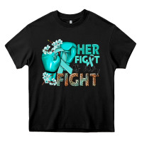 Black Her fight is our fight Ovarian Cancer teal ribbon Heavy Core Tee - NancyCooperArtShop