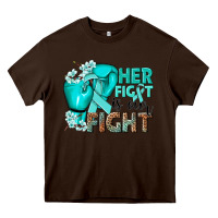 Chocolate Brown Her fight is our fight Ovarian Cancer teal ribbon Heavy Core Tee - NancyCooperArtShop