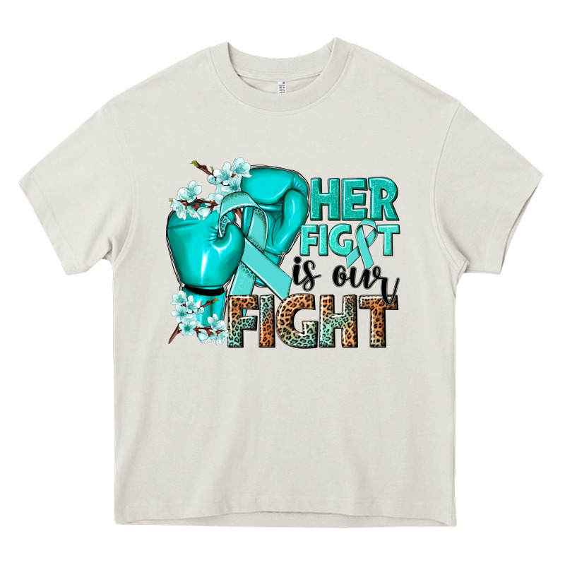 Her Fight Is Our Fight Ovarian Cancer Teal Ribbon Heavy Core Tee by NancyCooperArtShop | Teevron