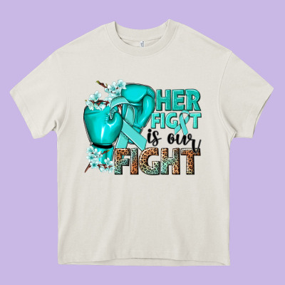 Her Fight Is Our Fight Ovarian Cancer Teal Ribbon Heavy Core Tee Designed By Nancycooperartshop