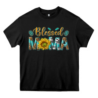Black Western Blessed Mama with Leopard and Sunflower Heavy Core Tee - texasbilliewilder