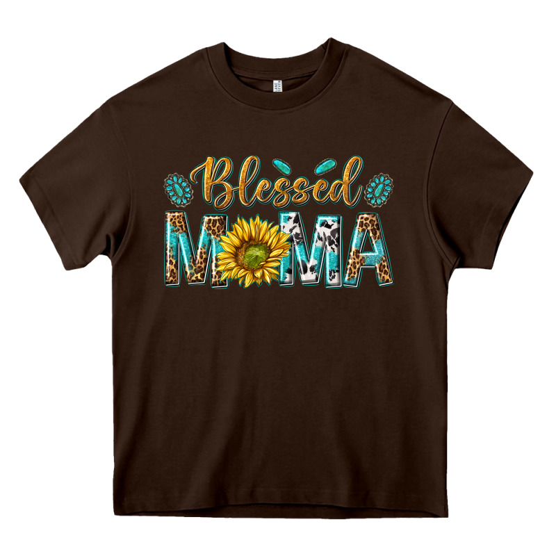 Western Blessed Mama With Leopard And Sunflower Heavy Core Tee by texasbilliewilder | Teevron
