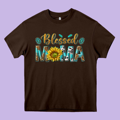 Western Blessed Mama With Leopard And Sunflower Heavy Core Tee Designed By Texasbilliewilder
