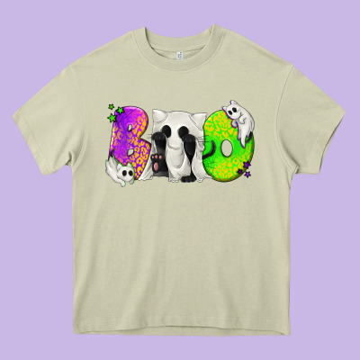 Boo Ghost Cat Heavy Core Tee Designed By Texasbilliewilder