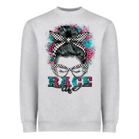 Heather Grey race life  messy bun Heavyweight Sweatshirt - BarkalooDesign