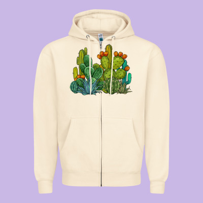 Watercolor Cactus Zipper Hoodie Designed By Barkaloodesign