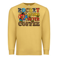 Antique Gold hockey begins after coffee ado Premium Sweatshirt - AdoDesignShop
