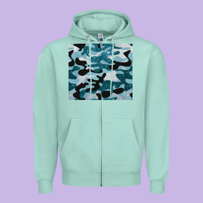 Blue Camouflage Glitter Zipper Hoodie Designed By Barkaloodesign