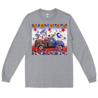 Heather Grey Fourth Of July Truck American Flag Long Sleeve Tee - FaDigitalArtStudio