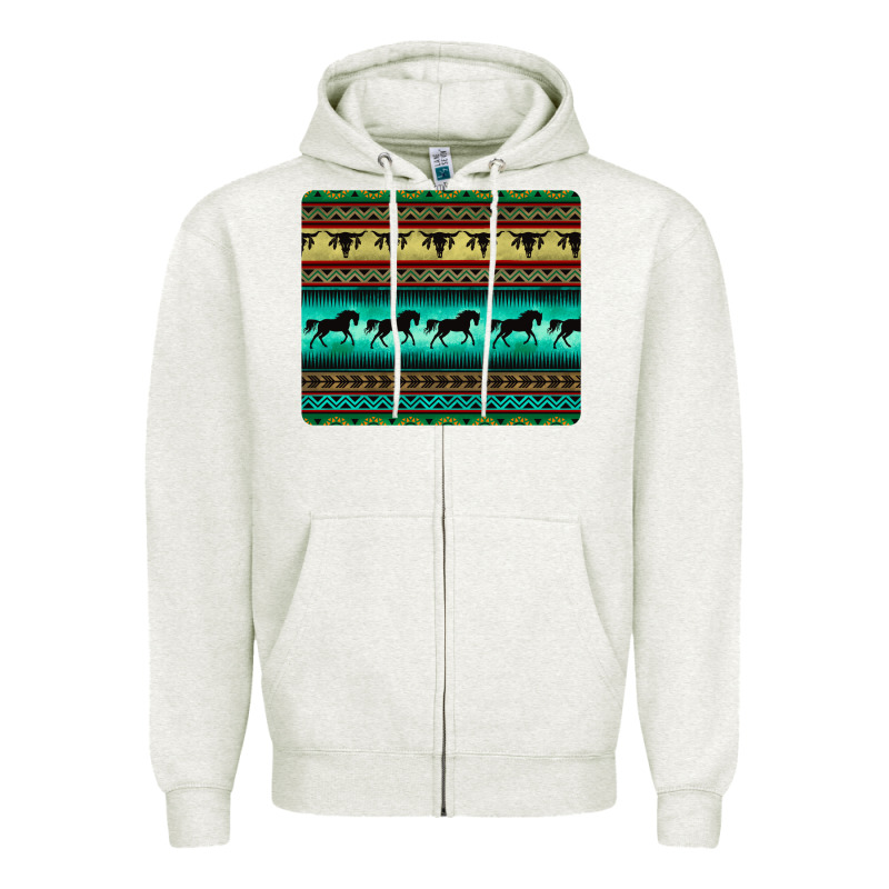 Turquoise Horse And Bullskull Aztec  Pattern Zipper Hoodie by BarkalooDesign | Teevron