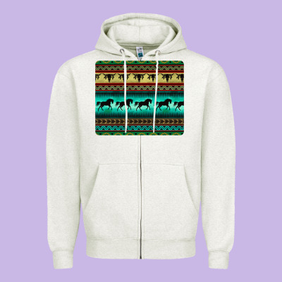 Turquoise Horse And Bullskull Aztec  Pattern Zipper Hoodie Designed By Barkaloodesign