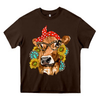 Chocolate Brown Western Cow with Sunflowers and Gemstone Heavy Core Tee - texasbilliewilder