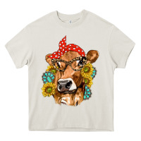 Cream Western Cow with Sunflowers and Gemstone Heavy Core Tee - texasbilliewilder