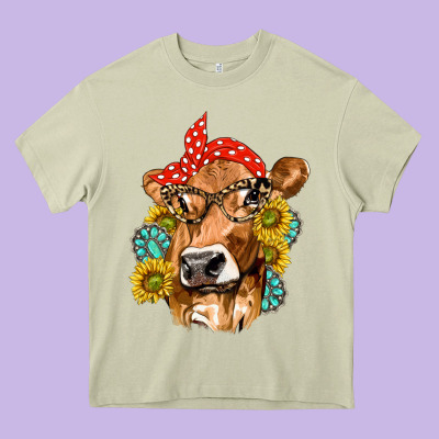 Western Cow With Sunflowers And Gemstone Heavy Core Tee Designed By Texasbilliewilder