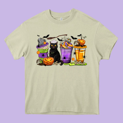 Halloween Cat Coffee Cups Heavy Core Tee Designed By Texasbilliewilder