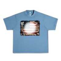Pebble Blue American Flag Cowhide Leopard Bleach Effect Urban Heavy Tee - CowCowDesign