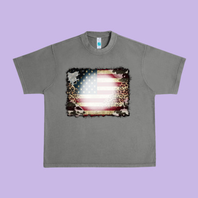 American Flag Cowhide Leopard Bleach Effect Urban Heavy Tee Designed By Cowcowdesign