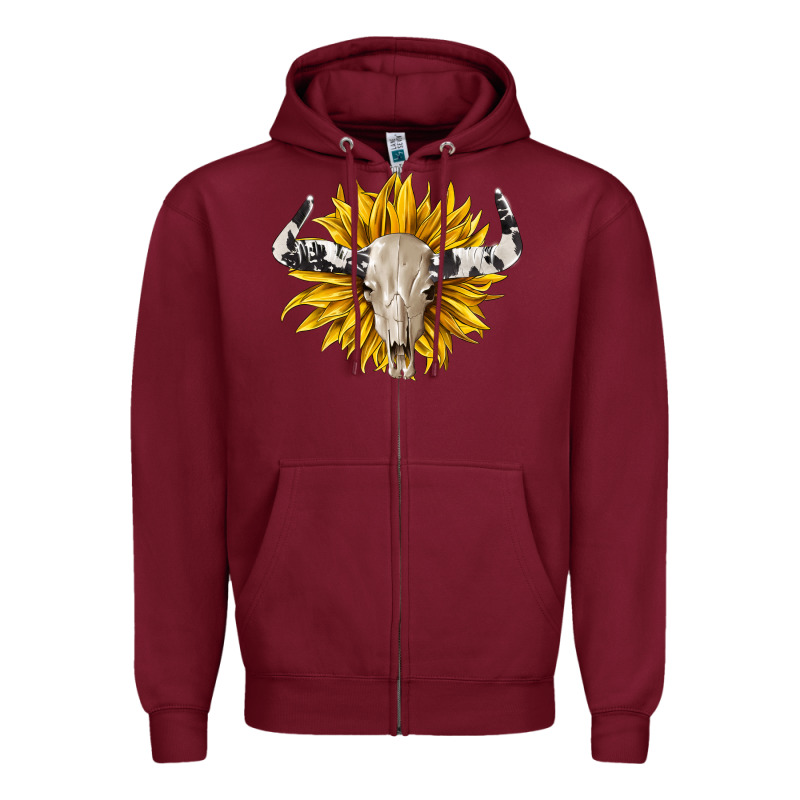Cowhide Bull Skull And Sunflower Zipper Hoodie by BarkalooDesign | Teevron