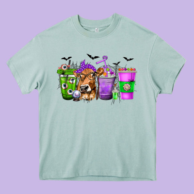 Coffee Cups With Cow And Halloween Heavy Core Tee Designed By Texasbilliewilder