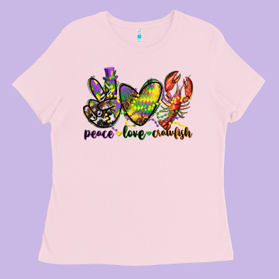 Peace Love Crawfish Mardi Gras Ladies Tee Designed By Cowgirlartshop