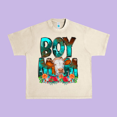 Boy Mom Flowers Cow Urban Heavy Tee Designed By Cowcowdesign