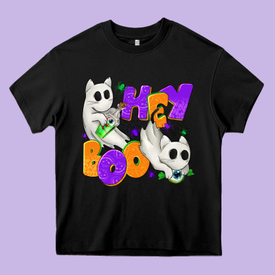 Hey Boo With Ghost Cats Heavy Core Tee Designed By Texasbilliewilder