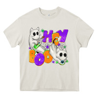 Cream Hey Boo with Ghost Cats Heavy Core Tee - texasbilliewilder