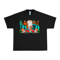 Black Cow Mom Turquoise Tooled Leather Flowers Urban Heavy Tee - CowCowDesign
