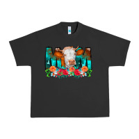 Pigment Black Cow Mom Turquoise Tooled Leather Flowers Urban Heavy Tee - CowCowDesign