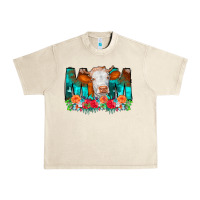 Sandshell Cow Mom Turquoise Tooled Leather Flowers Urban Heavy Tee - CowCowDesign