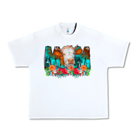 White Cow Mom Turquoise Tooled Leather Flowers Urban Heavy Tee - CowCowDesign