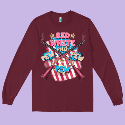 Red White And Pew Pew Pew Long Sleeve Tee Designed By Fadigitalartstudio